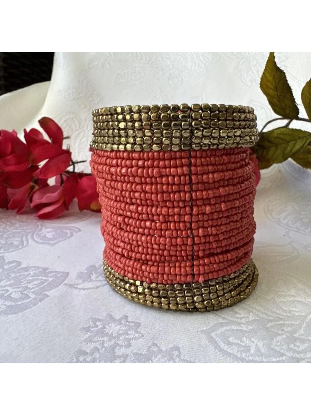 Chico's Bracelet Orange Seed Bead Goldtone Wide Cuff Bangle 3